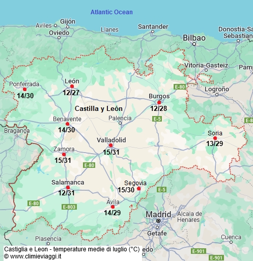 Castiglia E Leon - mappa con le temperature medie a luglio
