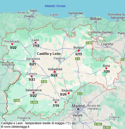Castiglia E Leon - mappa con le temperature medie a maggio