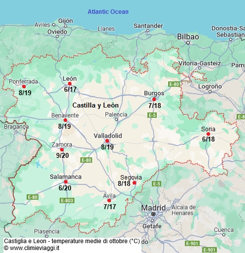 Castiglia E Leon - mappa con le temperature medie a ottobre