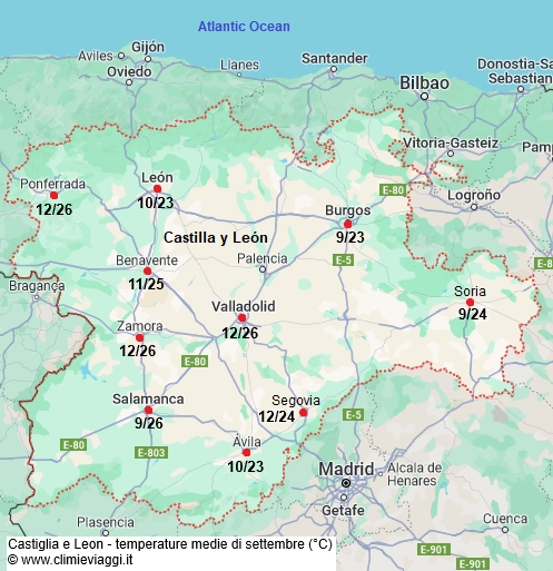 Castiglia E Leon - mappa con le temperature medie a settembre