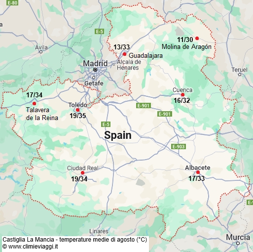 Castiglia La Mancia - mappa con le temperature medie a agosto