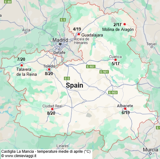 Castiglia La Mancia - mappa con le temperature medie a aprile