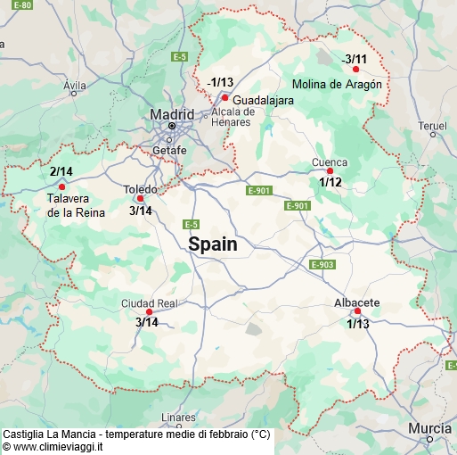 Castiglia La Mancia - mappa con le temperature medie a febbraio