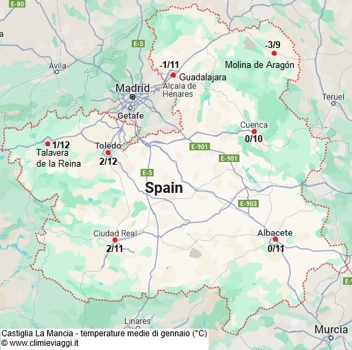 Castiglia La Mancia - mappa con le temperature medie a gennaio