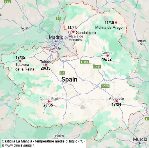 Castiglia La Mancia - mappa con le temperature medie a luglio