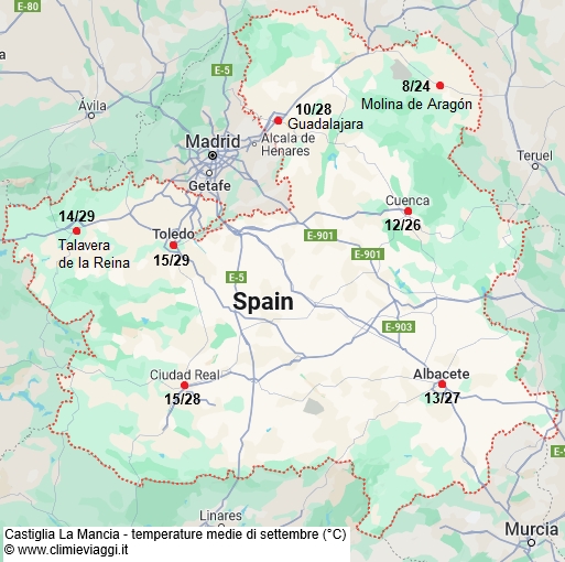 Castiglia La Mancia - mappa con le temperature medie a settembre