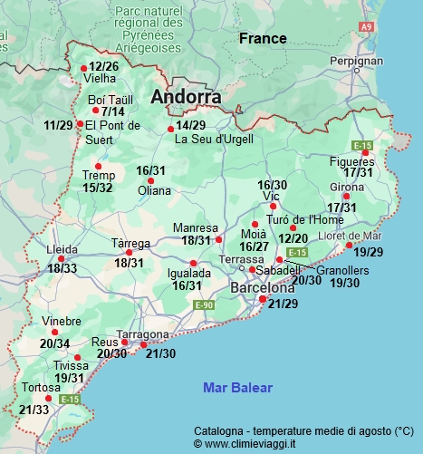 Catalogna - mappa con le temperature medie a agosto