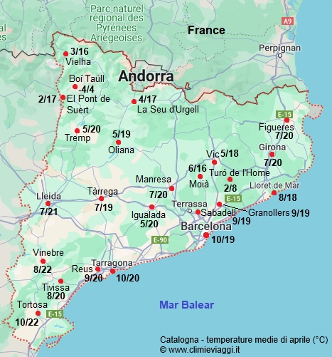 Catalogna - mappa con le temperature medie a aprile