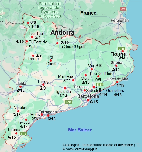 Catalogna - mappa con le temperature medie a dicembre