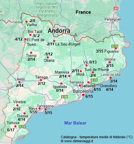 Catalogna - mappa con le temperature medie a febbraio