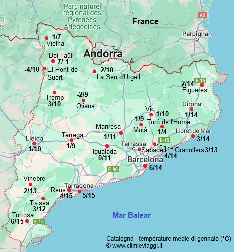 Catalogna - mappa con le temperature medie a gennaio