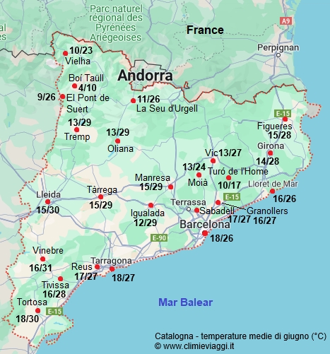 Catalogna - mappa con le temperature medie a giugno