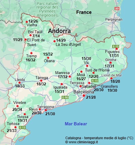 Catalogna - mappa con le temperature medie a luglio