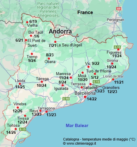 Catalogna - mappa con le temperature medie a maggio