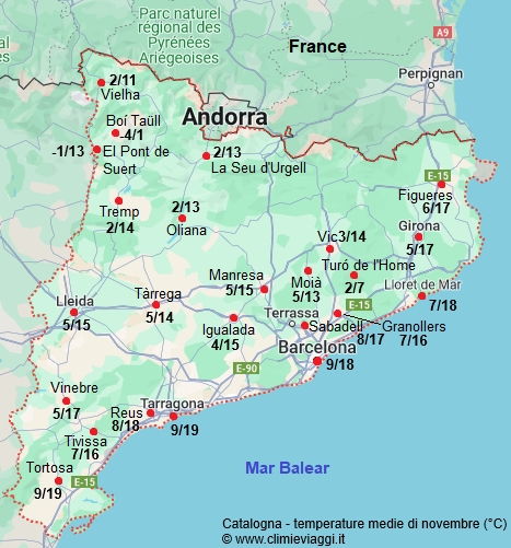 Catalogna - mappa con le temperature medie a novembre