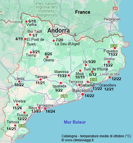 Catalogna - mappa con le temperature medie a ottobre