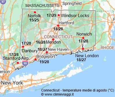 Connecticut - mappa con le temperature medie a agosto
