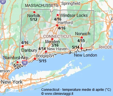 Connecticut - mappa con le temperature medie a aprile