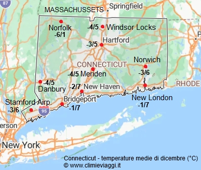Connecticut - mappa con le temperature medie a dicembre