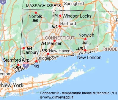 Connecticut - mappa con le temperature medie a febbraio