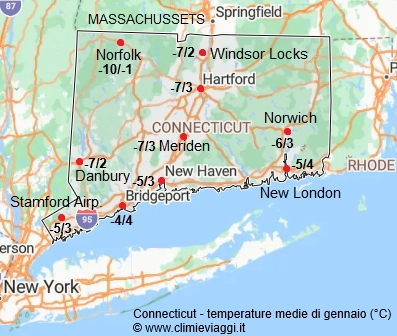 Connecticut - mappa con le temperature medie a gennaio