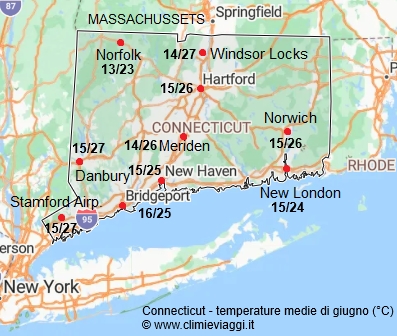 Connecticut - mappa con le temperature medie a giugno