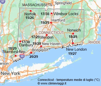 Connecticut - mappa con le temperature medie a luglio
