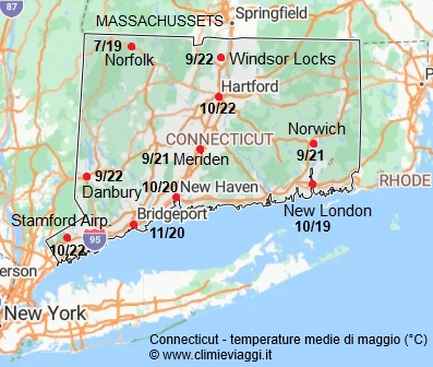 Connecticut - mappa con le temperature medie a maggio