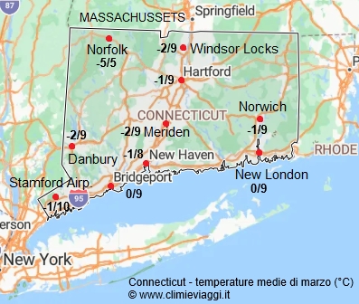 Connecticut - mappa con le temperature medie a marzo