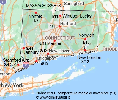 Connecticut - mappa con le temperature medie a novembre