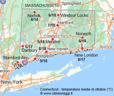 Connecticut - mappa con le temperature medie a ottobre