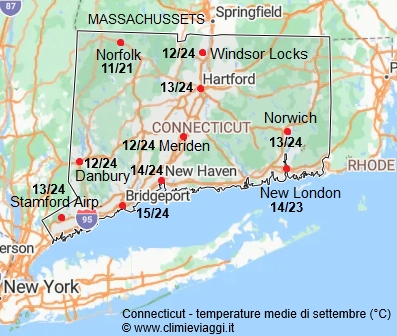 Connecticut - mappa con le temperature medie a settembre