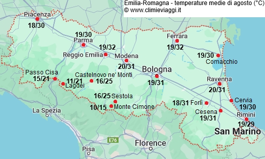 Emilia Romagna - mappa con le temperature medie a agosto
