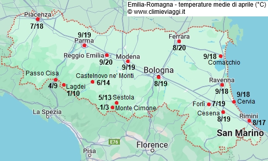 Emilia Romagna - mappa con le temperature medie a aprile