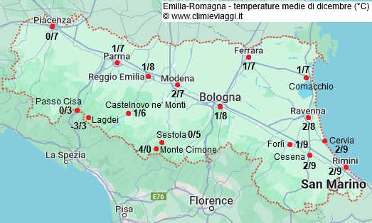 Emilia Romagna - mappa con le temperature medie a dicembre