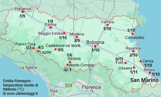 Emilia Romagna - mappa con le temperature medie a febbraio