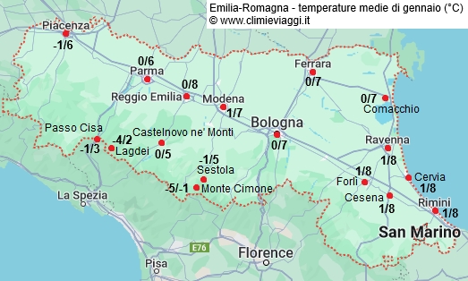 Emilia Romagna - mappa con le temperature medie a gennaio