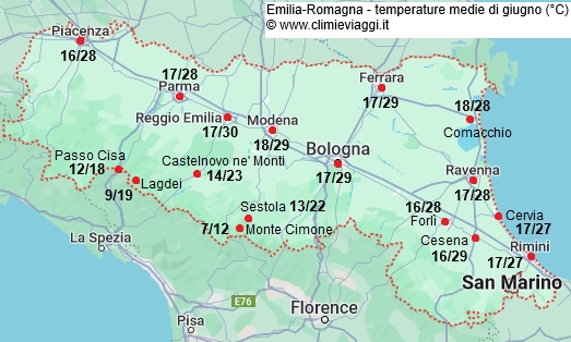 Emilia Romagna - mappa con le temperature medie a giugno