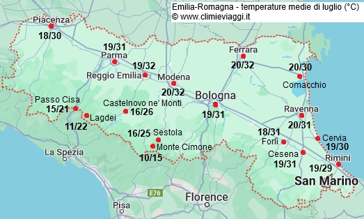Emilia Romagna - mappa con le temperature medie a luglio