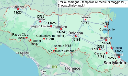 Emilia Romagna - mappa con le temperature medie a maggio