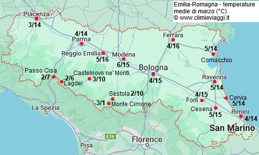 Emilia Romagna - mappa con le temperature medie a marzo