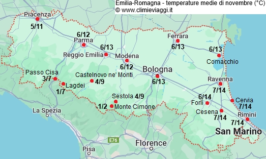Emilia Romagna - mappa con le temperature medie a novembre