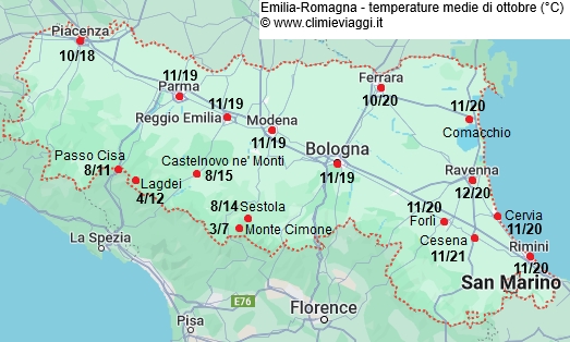 Emilia Romagna - mappa con le temperature medie a ottobre