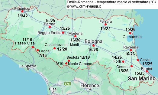 Emilia Romagna - mappa con le temperature medie a settembre