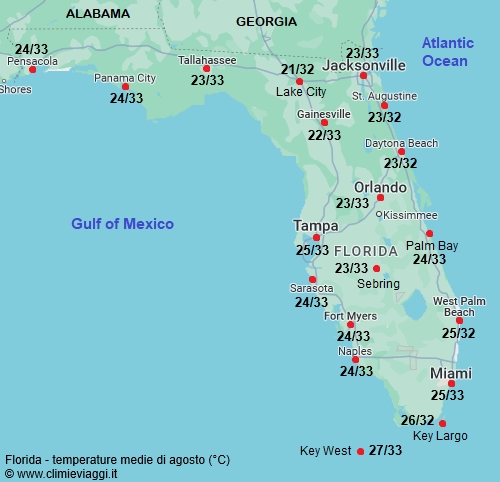 Florida - mappa con le temperature medie a agosto