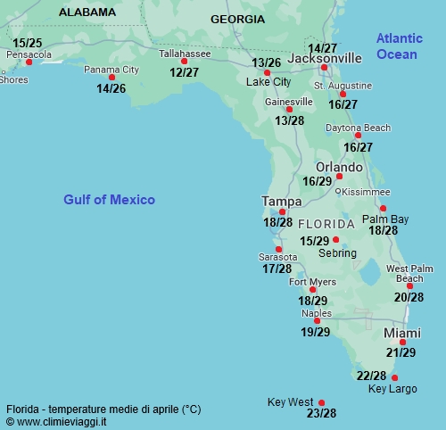 Florida - mappa con le temperature medie a aprile