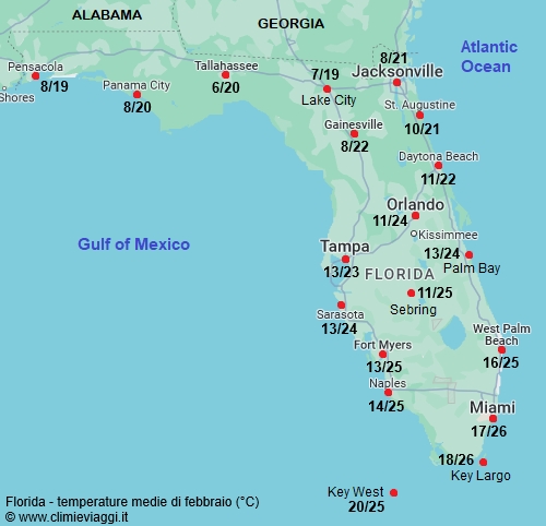 Florida - mappa con le temperature medie a febbraio