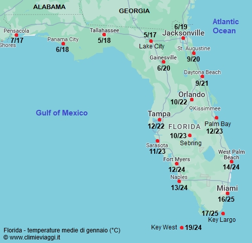 Florida - mappa con le temperature medie a gennaio