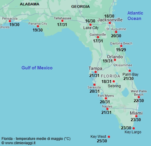 Florida - mappa con le temperature medie a maggio