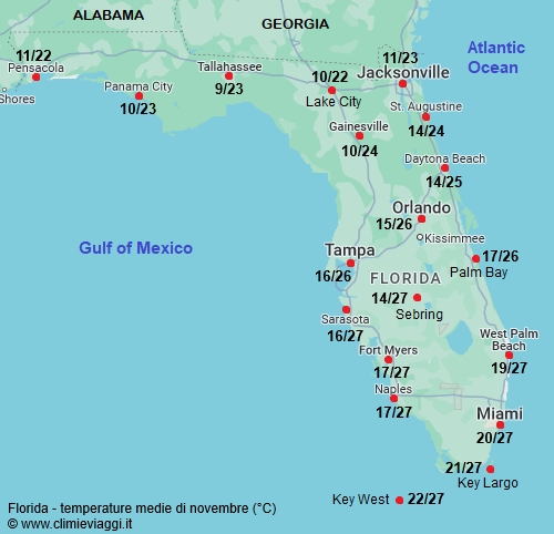 Florida - mappa con le temperature medie a novembre